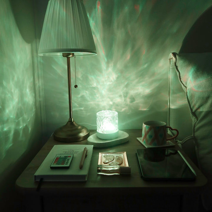 Ambient crystal LED lamp creating colorful light reflections