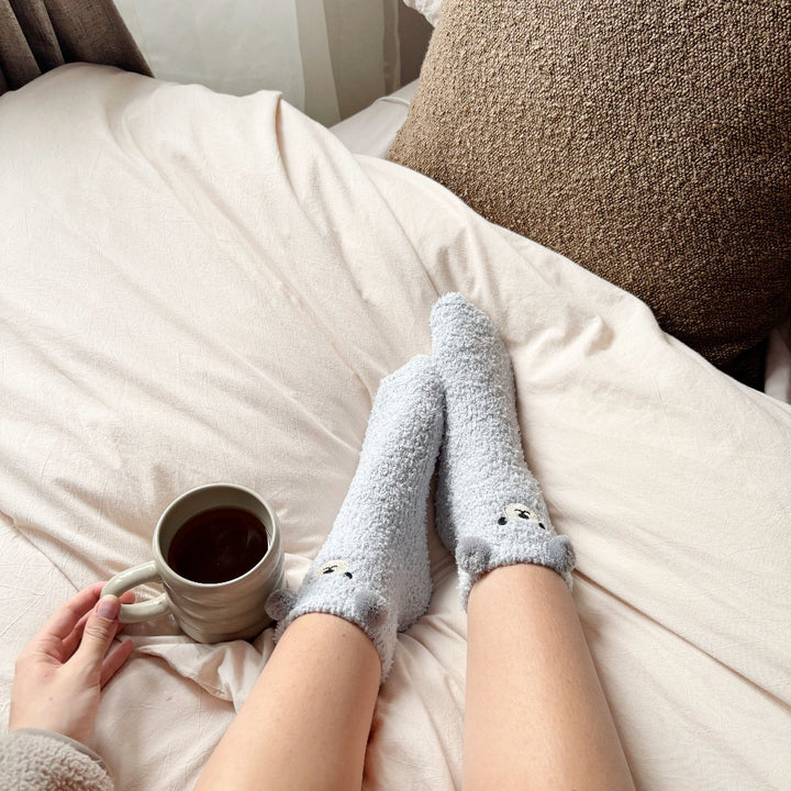 Teddy bear themed fuzzy socks set in multiple colors