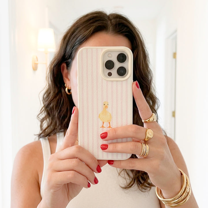Cute duck phone case with soft pastel stripe design