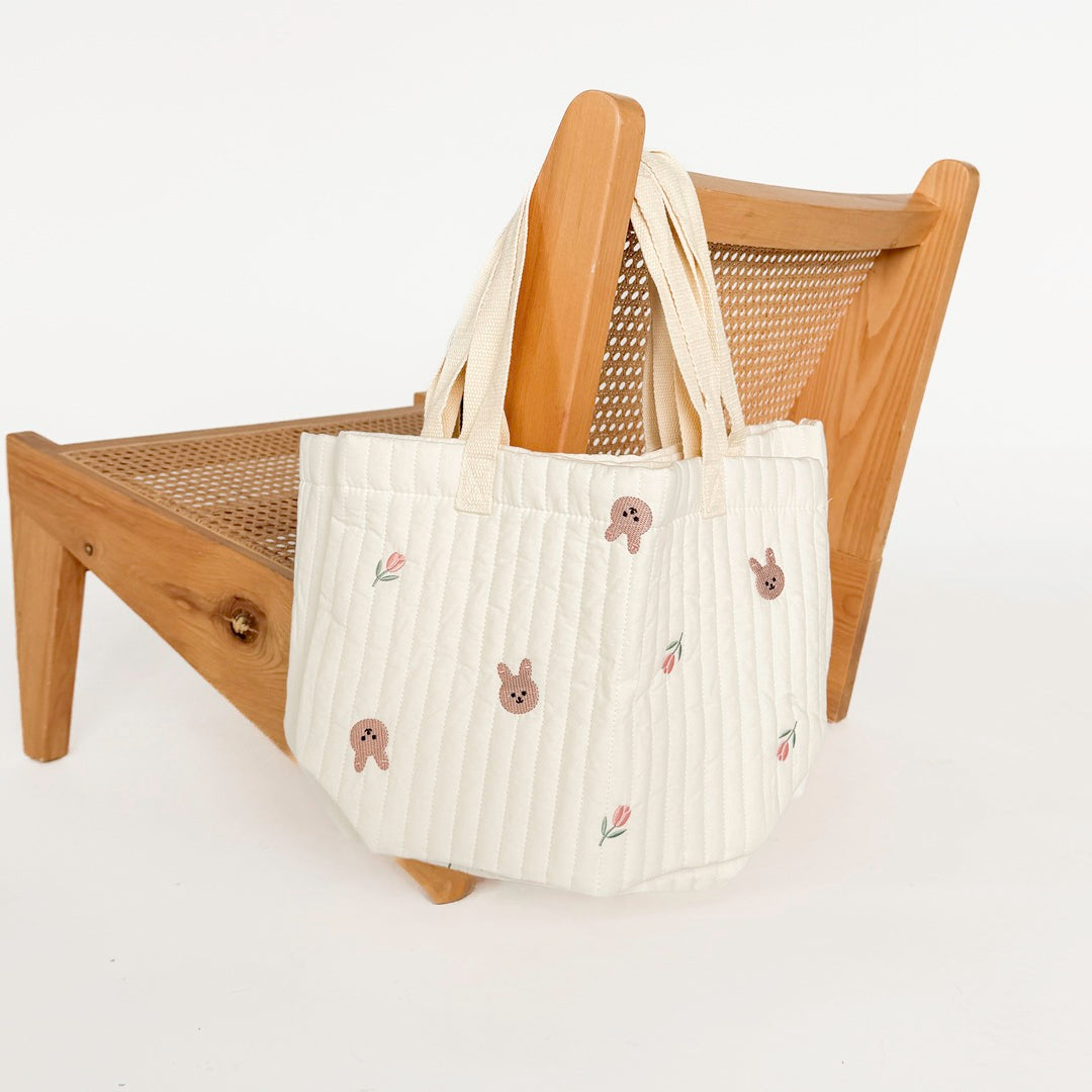 Quilted baby essentials tote bag with rabbit embroidery