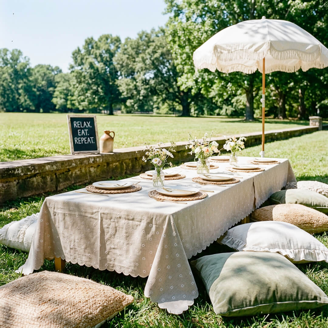 dining tablecloth with daisy embroidery and scalloped edge detail