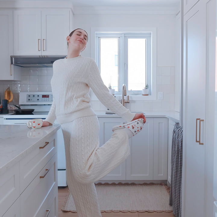 White holiday slippers with playful dog and ornament print