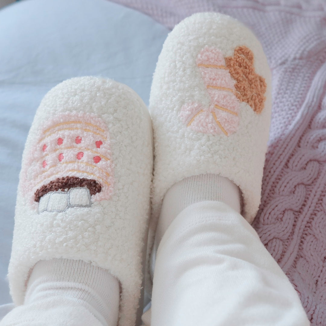 Fluffy Christmas slippers with gingerbread and hot cocoa embroidery