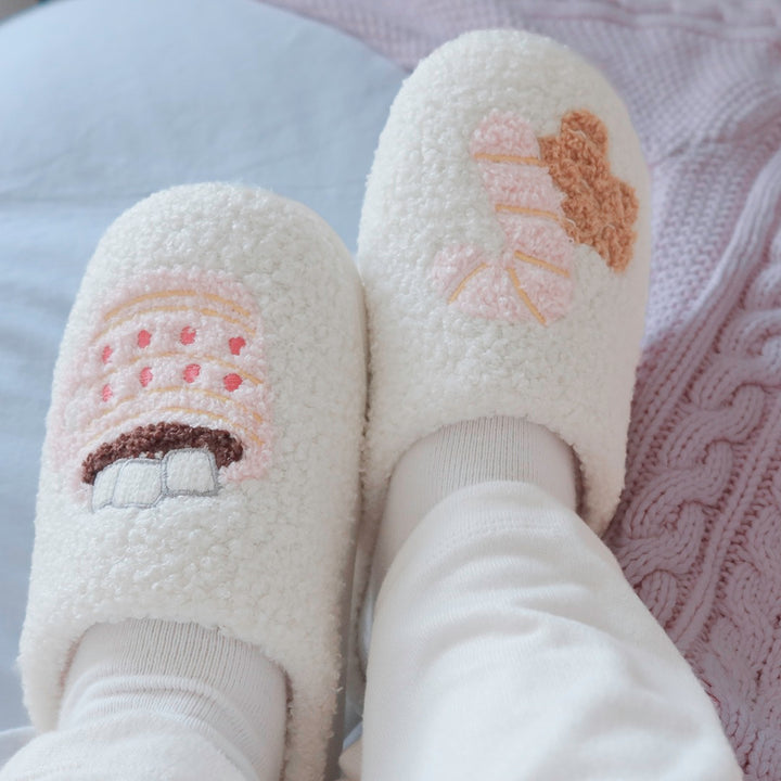 Fluffy Christmas slippers with gingerbread and hot cocoa embroidery
