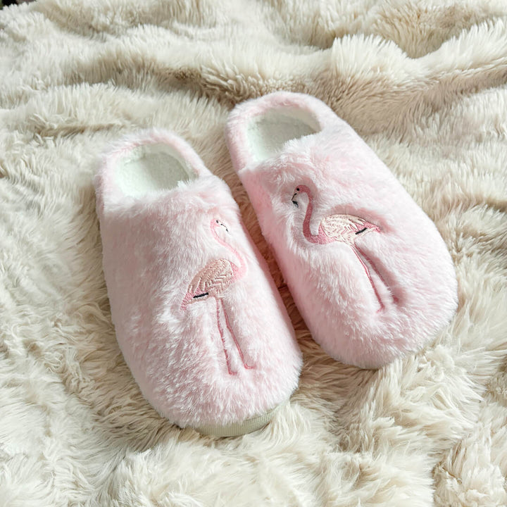 Plush flamingo slippers with soft closed-toe design