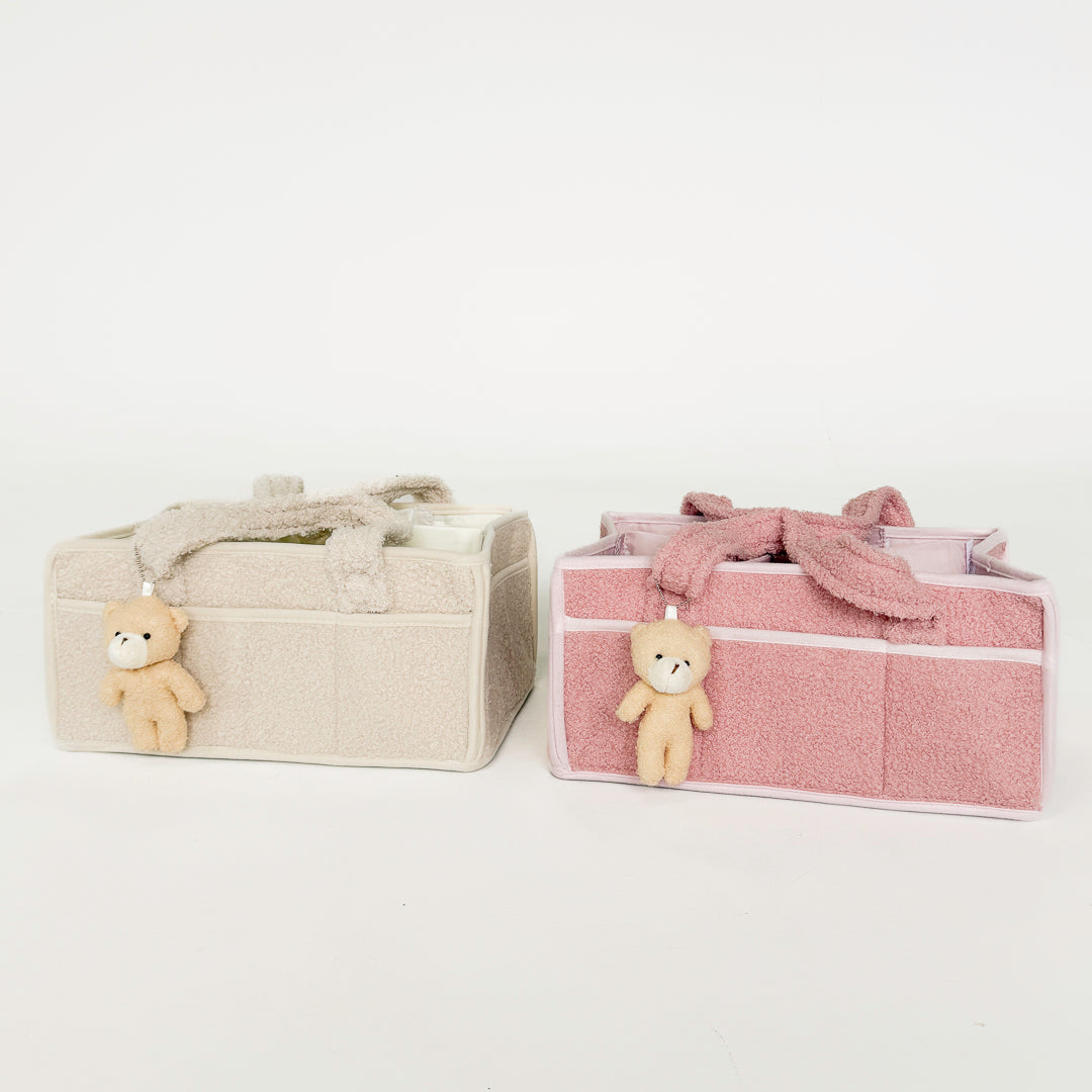 Teddy bear accent storage bin with plush handles and roomy design