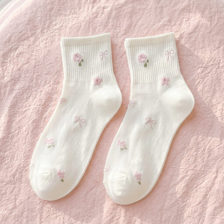  socks with pink flower embroidery for women