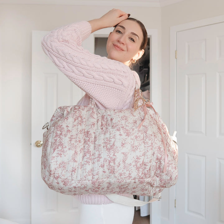 Quilted puffer tote bag with soft blush floral print