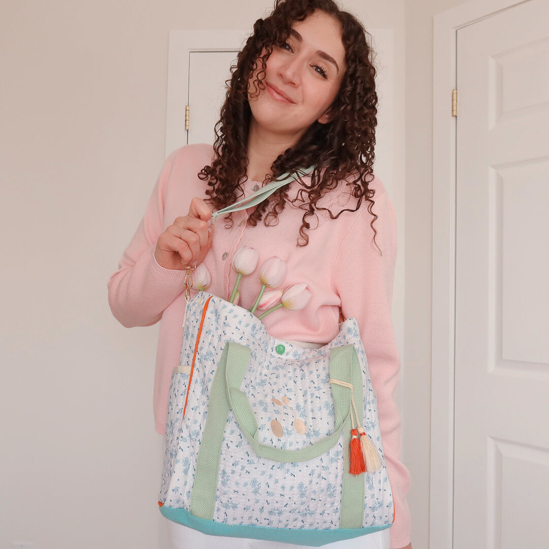 Pastel floral tote bag with quilted design and lightweight feel
