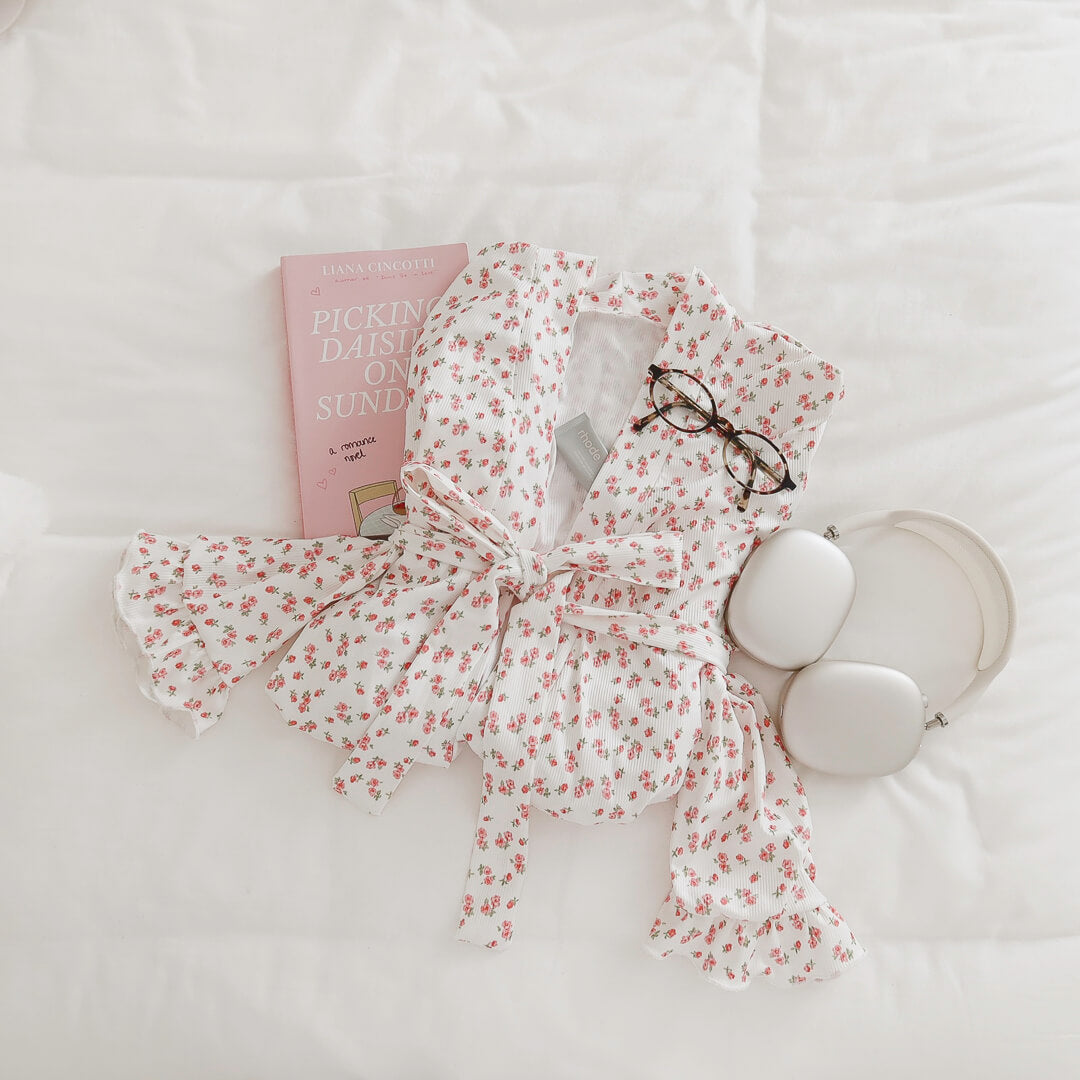 floral robe with long sleeves and ruffled cuffs