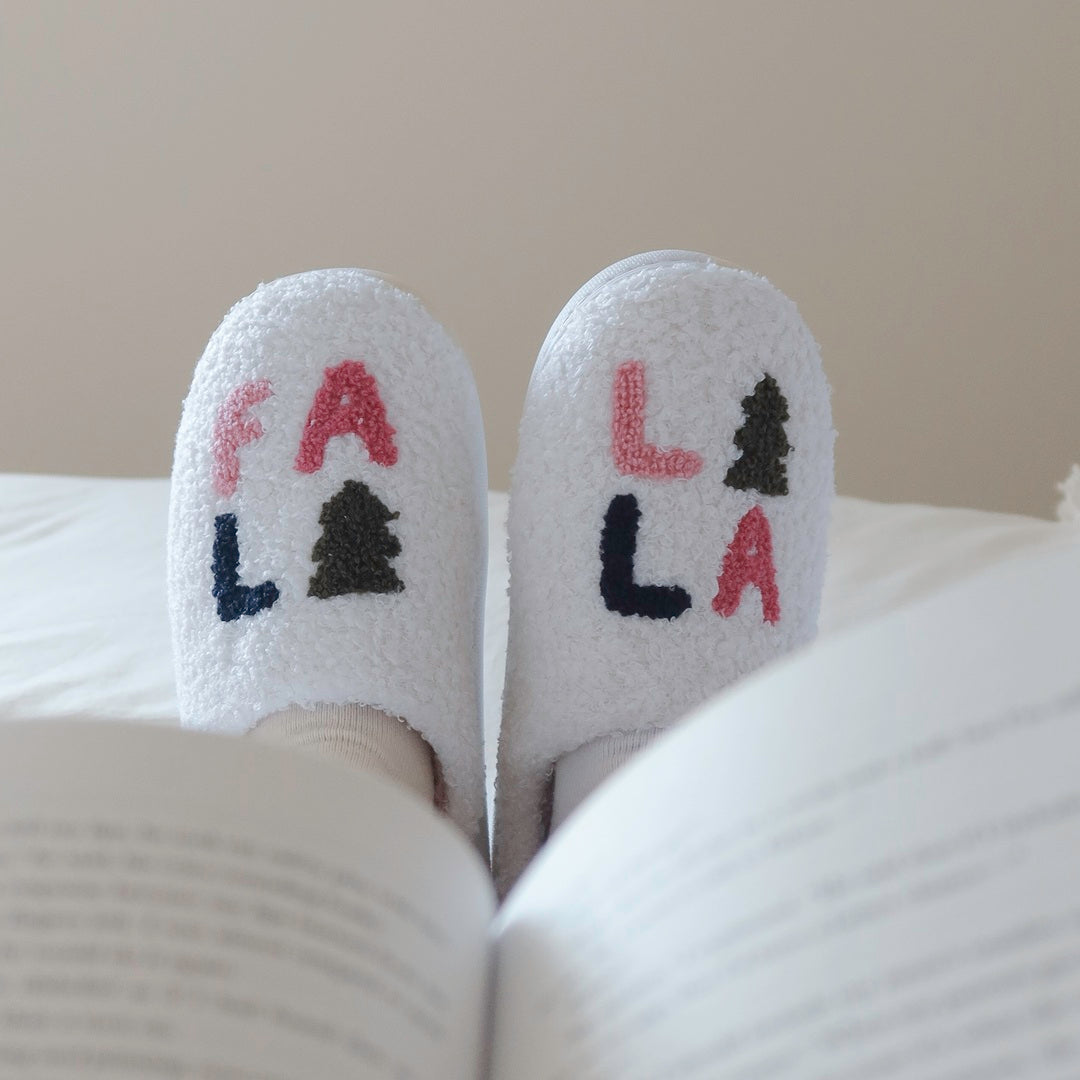 Fluffy slip on house slippers with colorful Falalala design