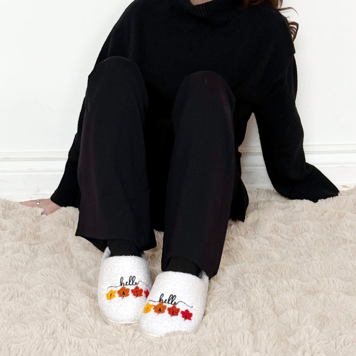 Cozy indoor slippers with “Hello Fall” design