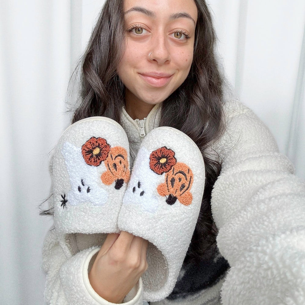 Pumpkin Boo slippers with cute embroidered ghost and pumpkin accents