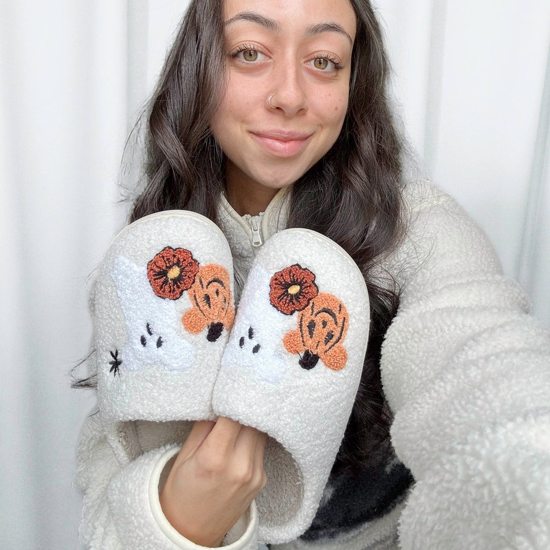 Pumpkin Boo slippers with cute embroidered ghost and pumpkin accents