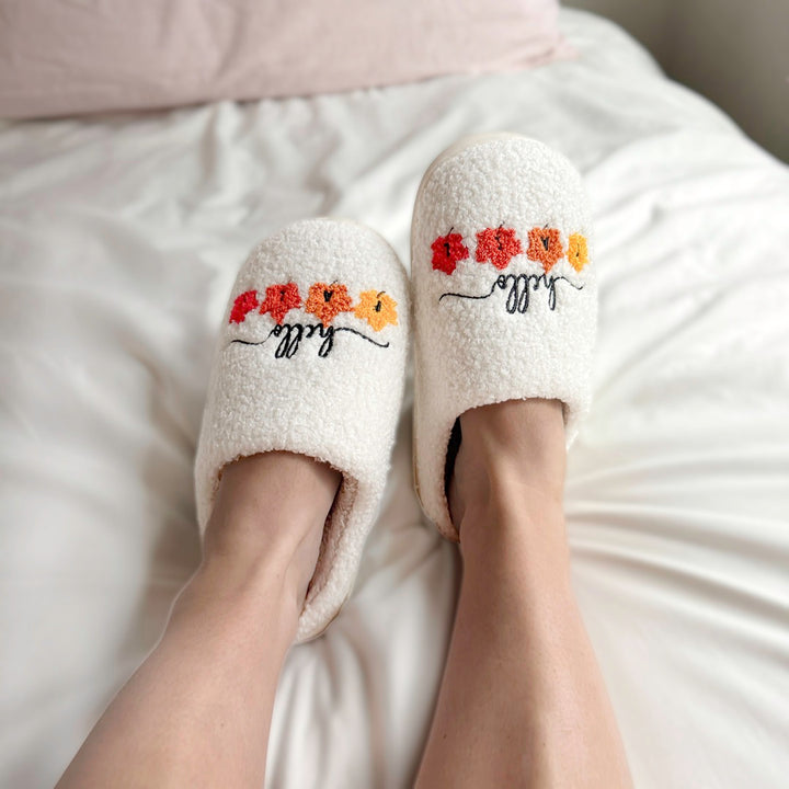 Cute “Hello Fall” embroidered house shoes for cozy days