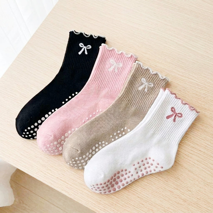 Bow crew socks set with non-slip grip soles