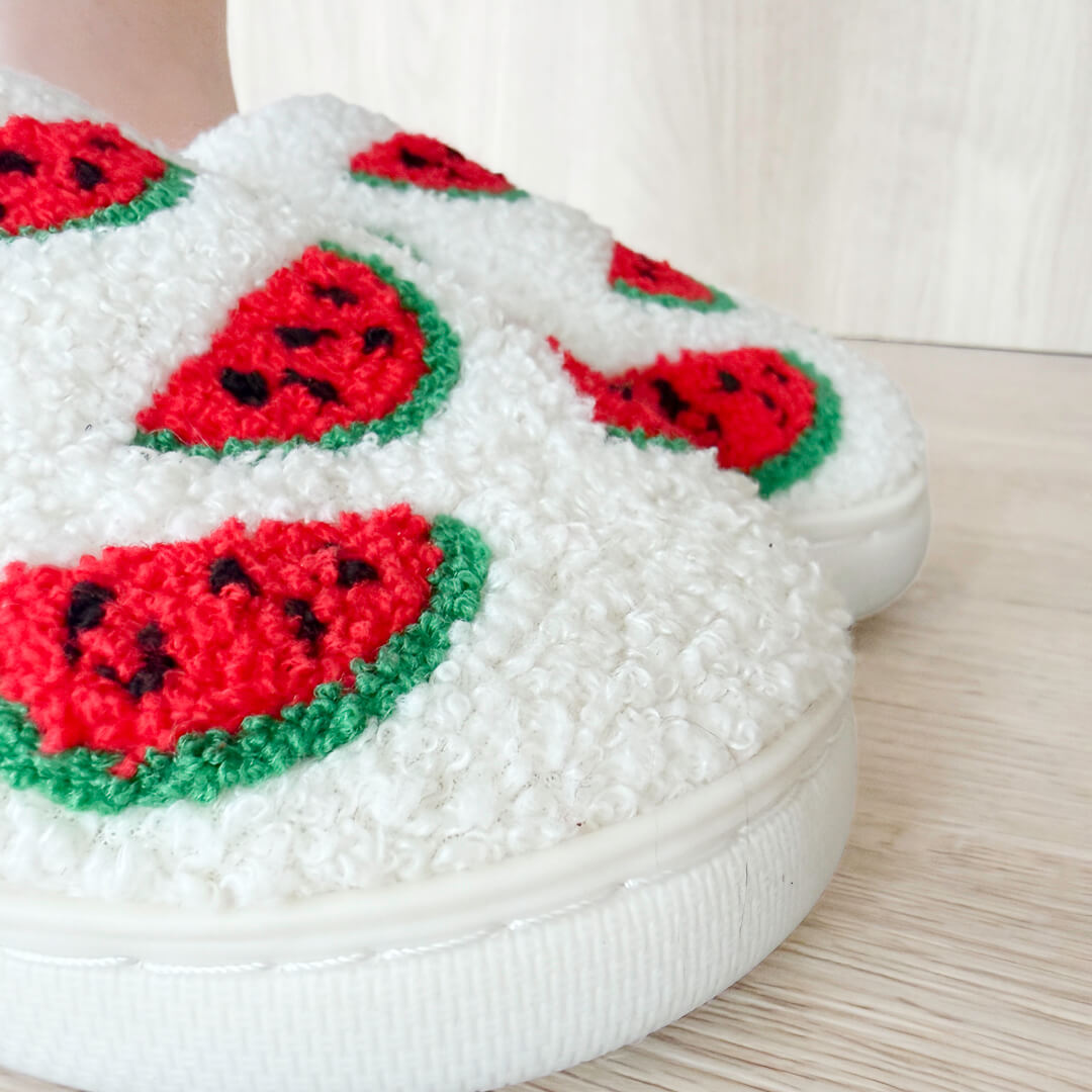 White fluffy slippers for women with fruit print