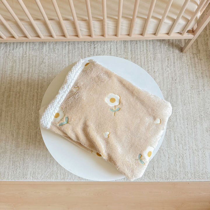 Cottagecore-style plush baby blanket with egg scatter print