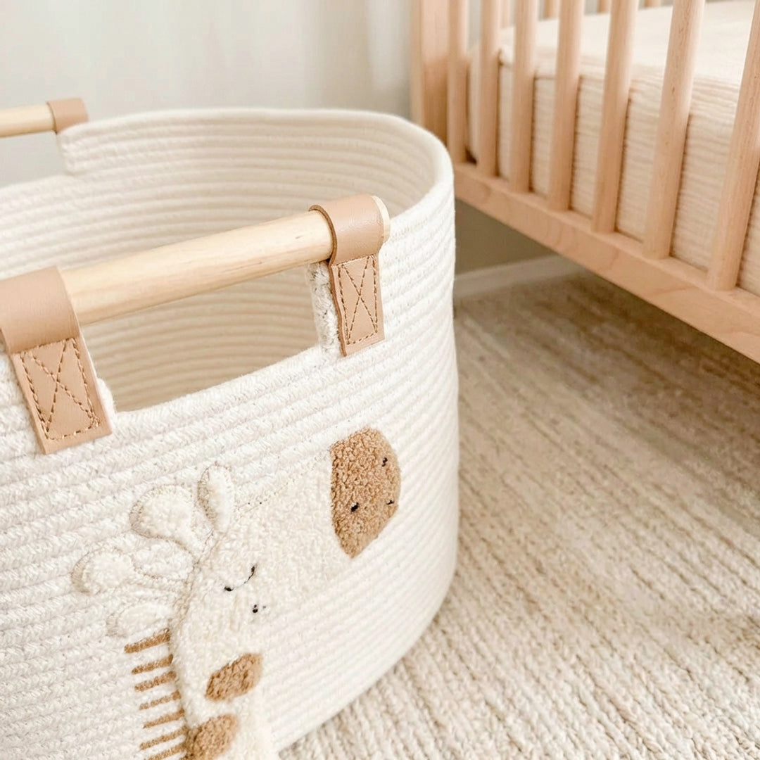 Soft nursery toy storage basket with giraffe design