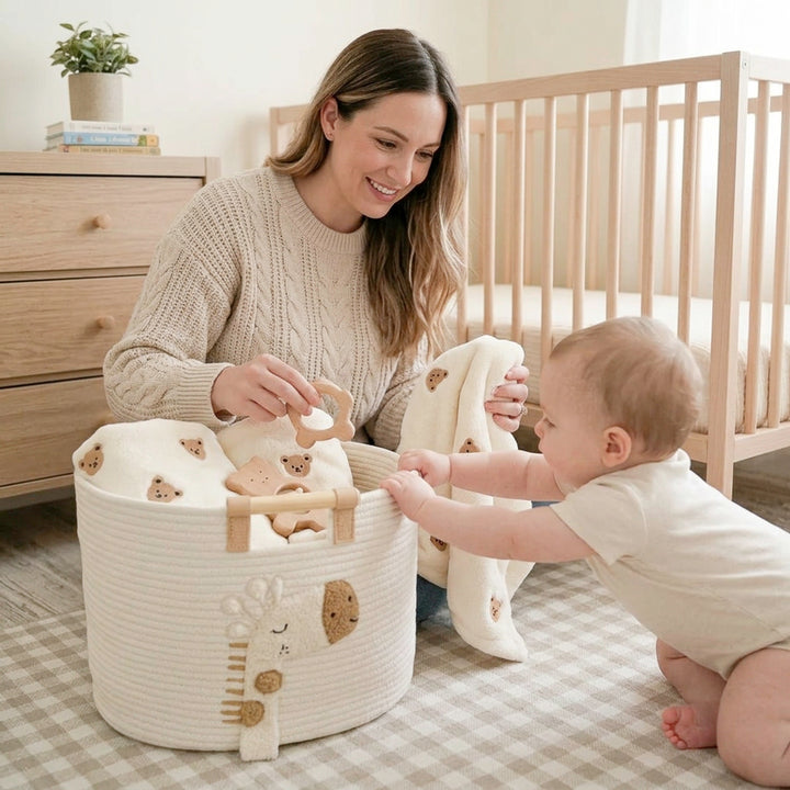Baby room storage basket with giraffe decoration