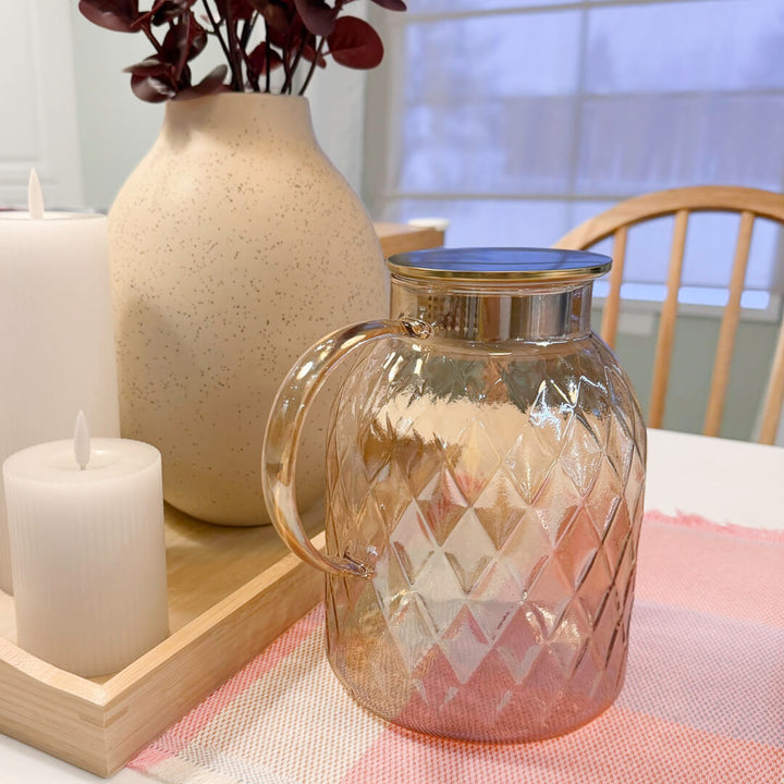glass beverage pitcher with embossed diamond pattern