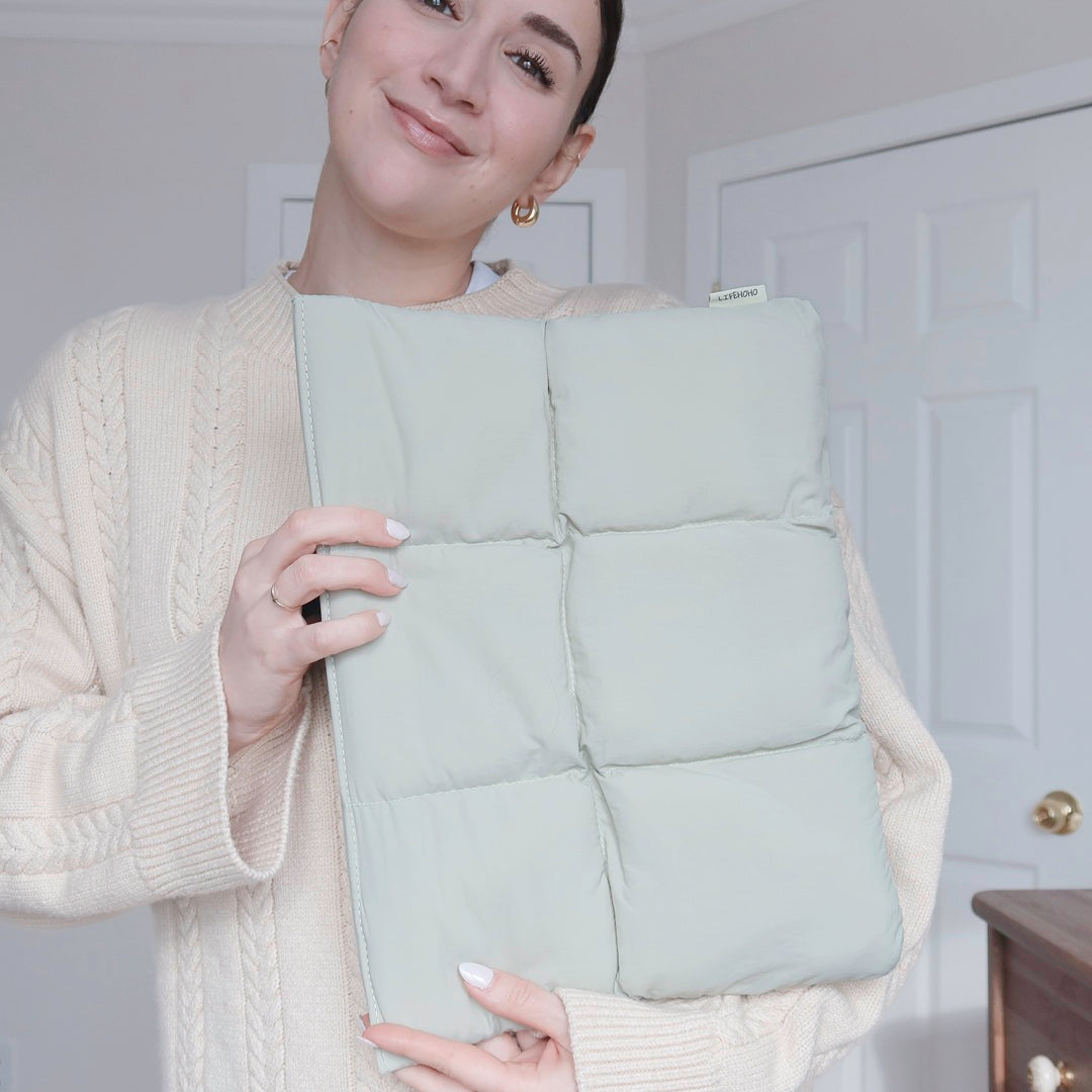 green puffer laptop sleeve for MacBook