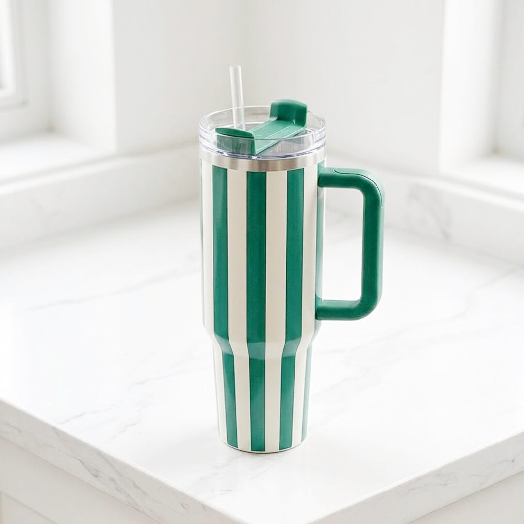 green striped 40oz insulated tumbler with handle