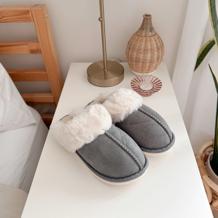 grey suede mule slippers with fluffy trim
