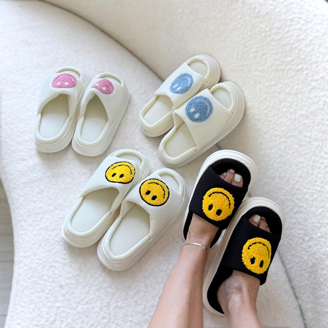 platform slides sandals with happy face embroidery
