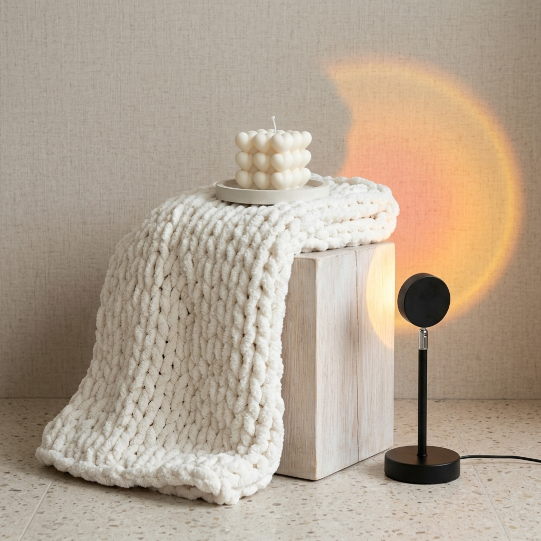 cozy gift bundle for mom with candle sunset lamp and chunky blanket