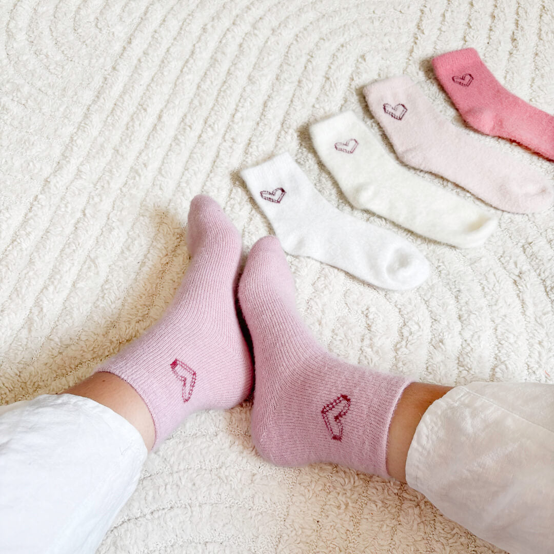 fuzzy ankle socks with embroidered hearts for women