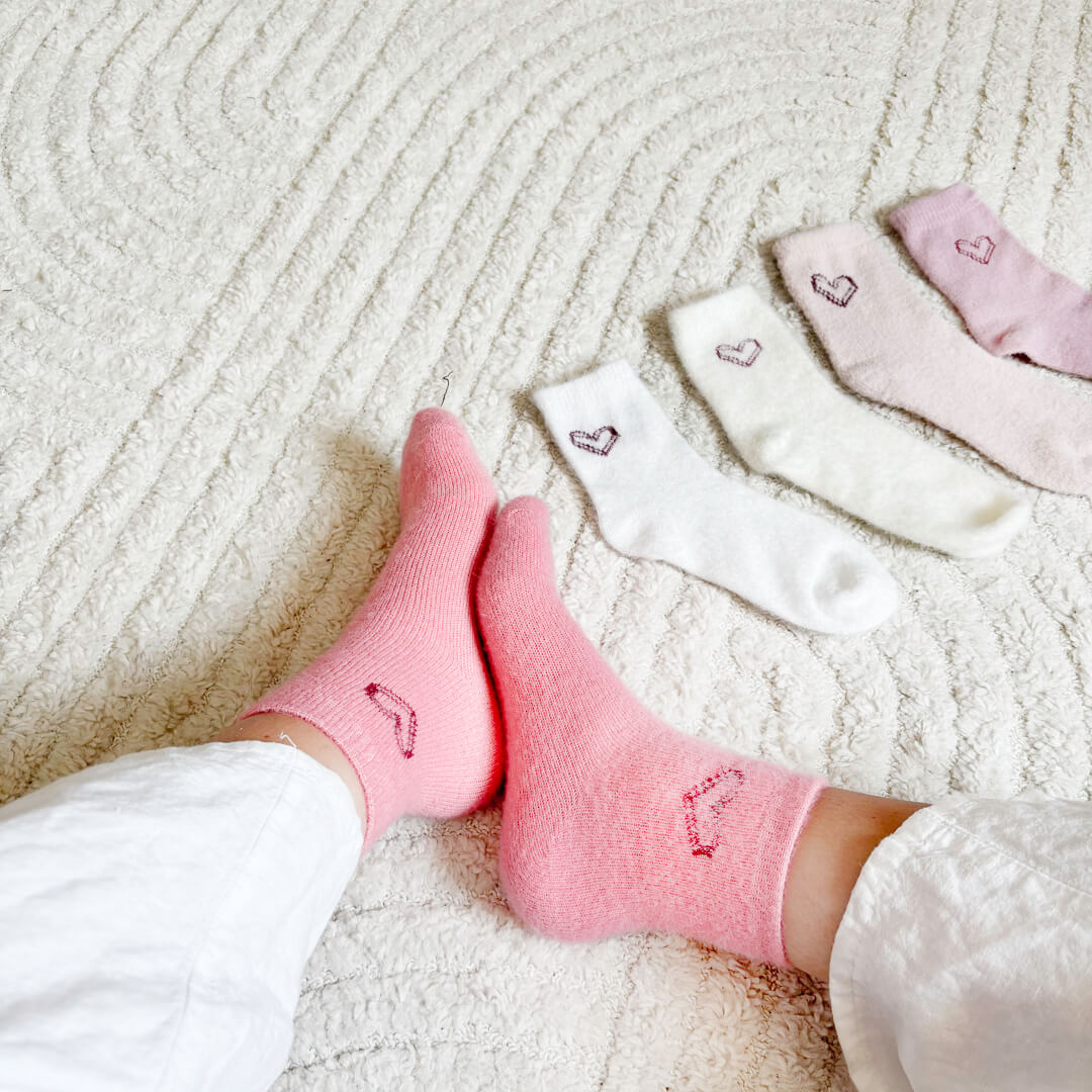 Soft fluffy crew socks with heart embroidery