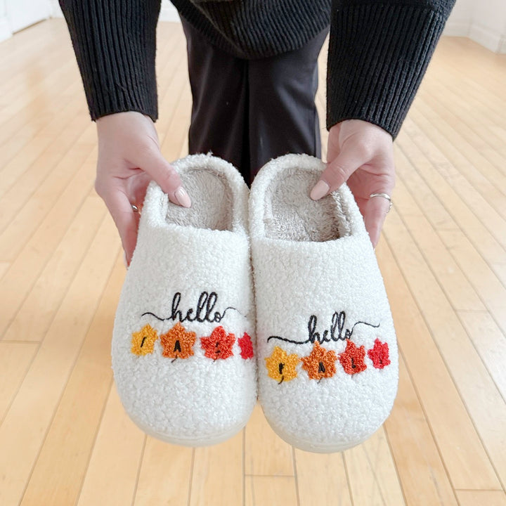 fluffy slippers with autumn leaf embroidery
