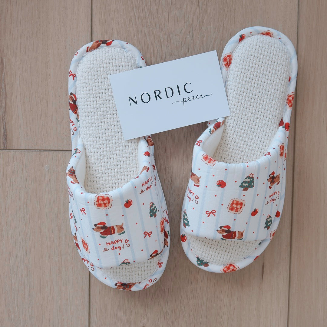 Cozy indoor Christmas slippers with fun dog-themed print