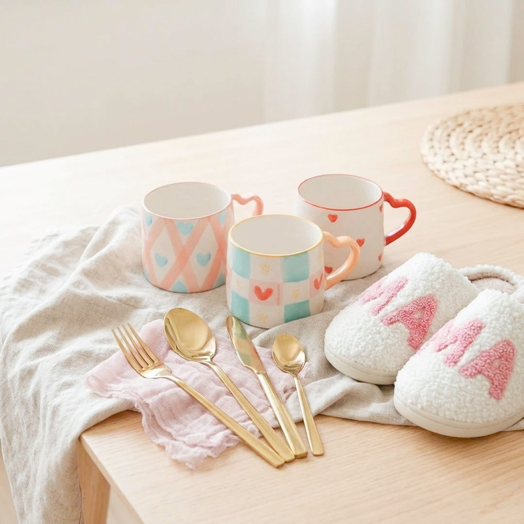 I love you mom gift bundle with gold utensils slippers and mug set