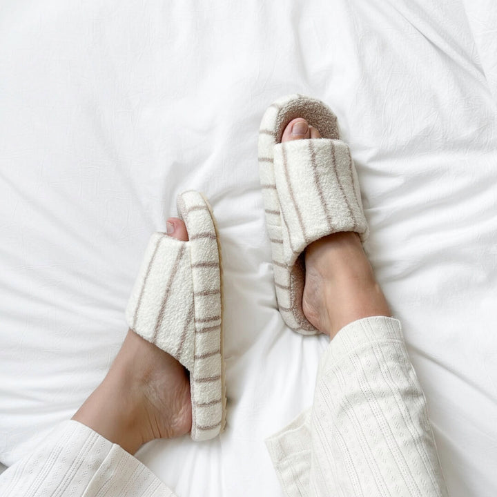 Plush striped indoor slippers with cushioned sole for women