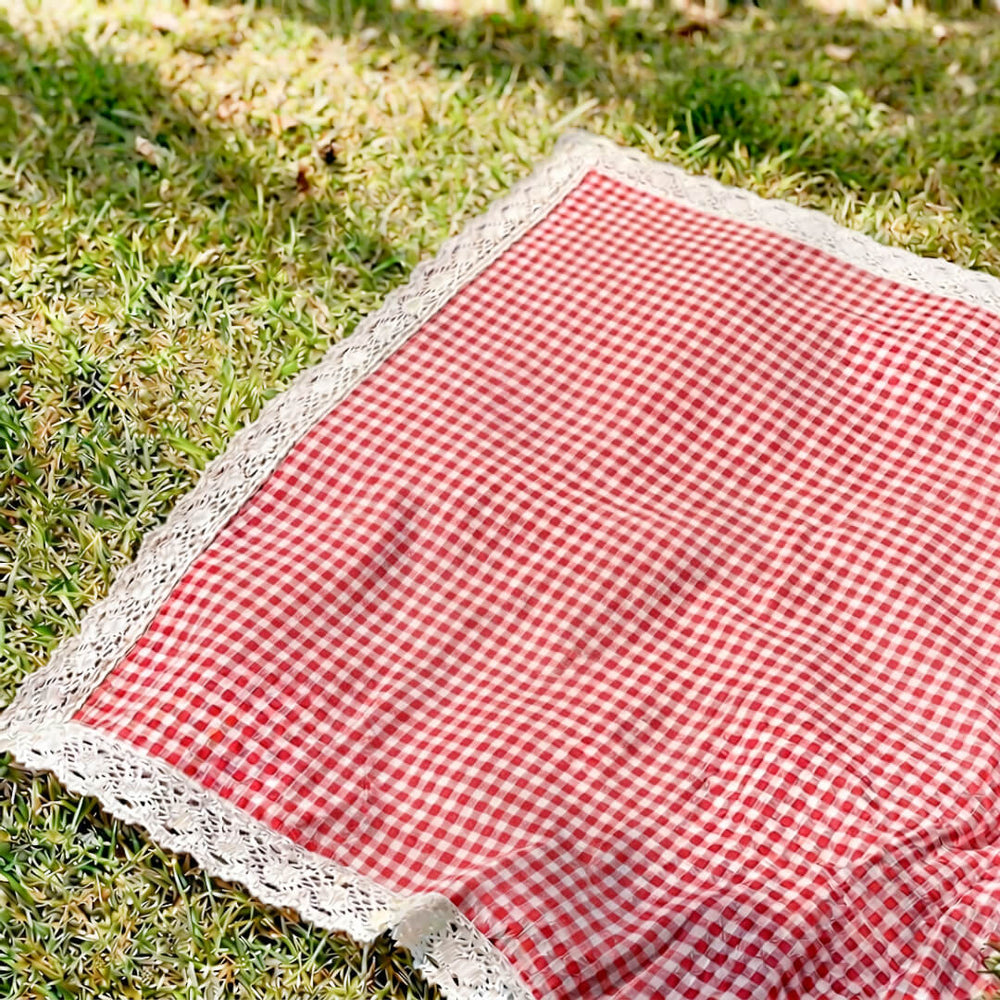 lace-trim picnic mat in rust red gingham check pattern