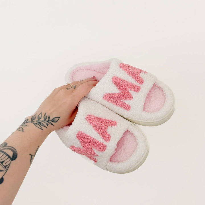 Soft fluffy house slippers with MAMA letter design