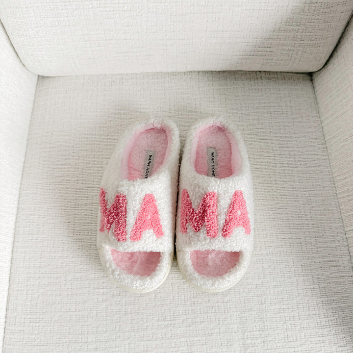 Pink and white MAMA slippers gift for new moms