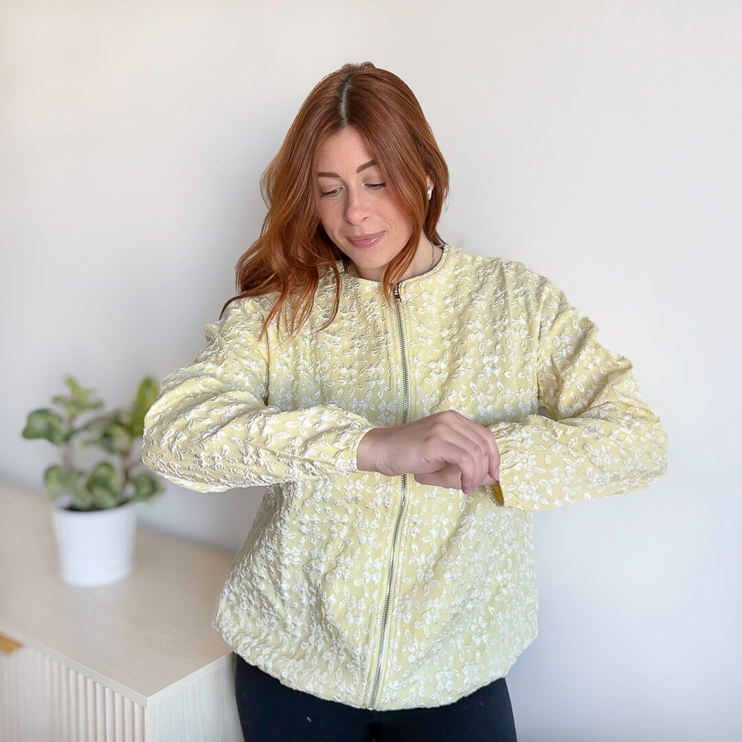 yellow floral jacket for women with front zipper
