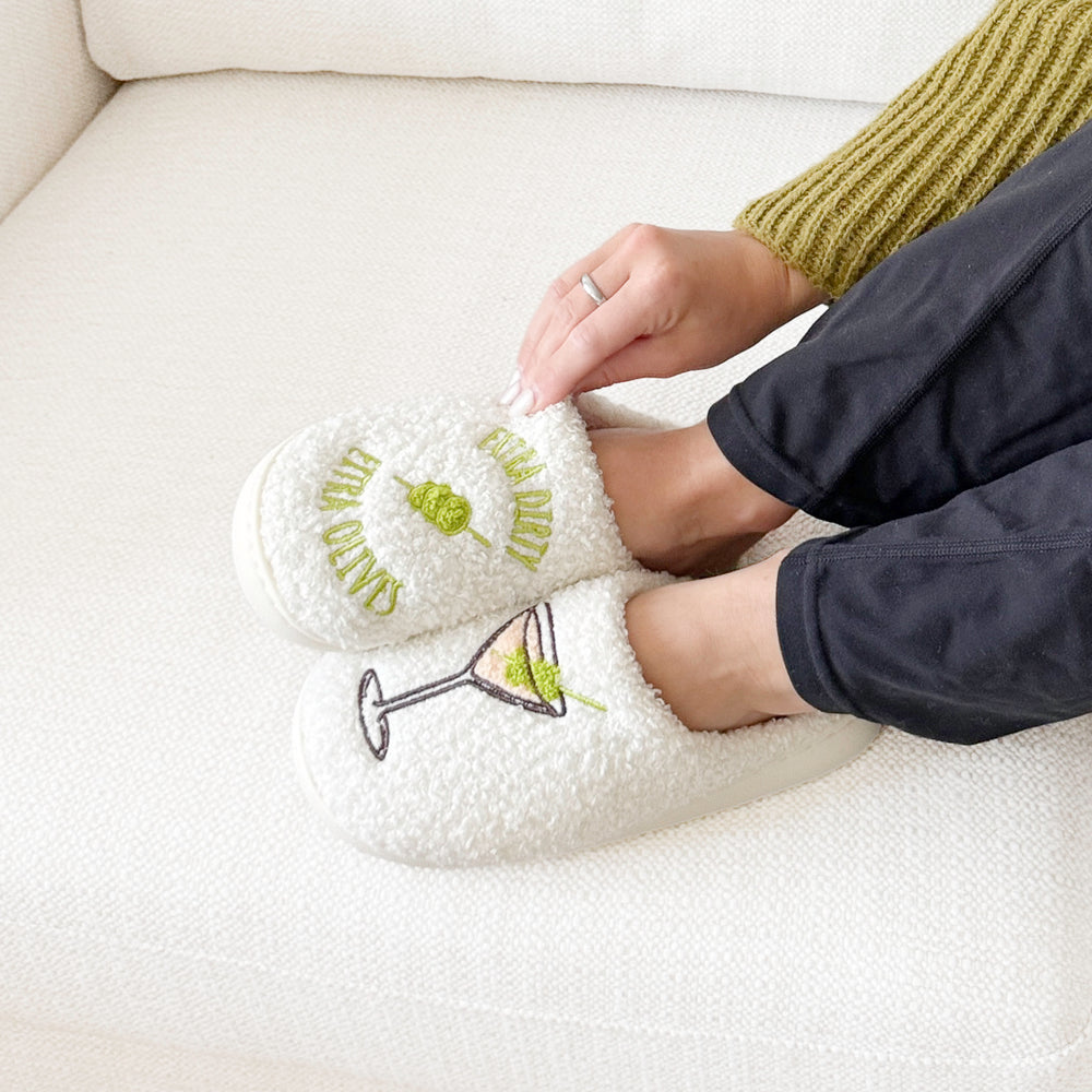 White house slippers with olive martini embroidery