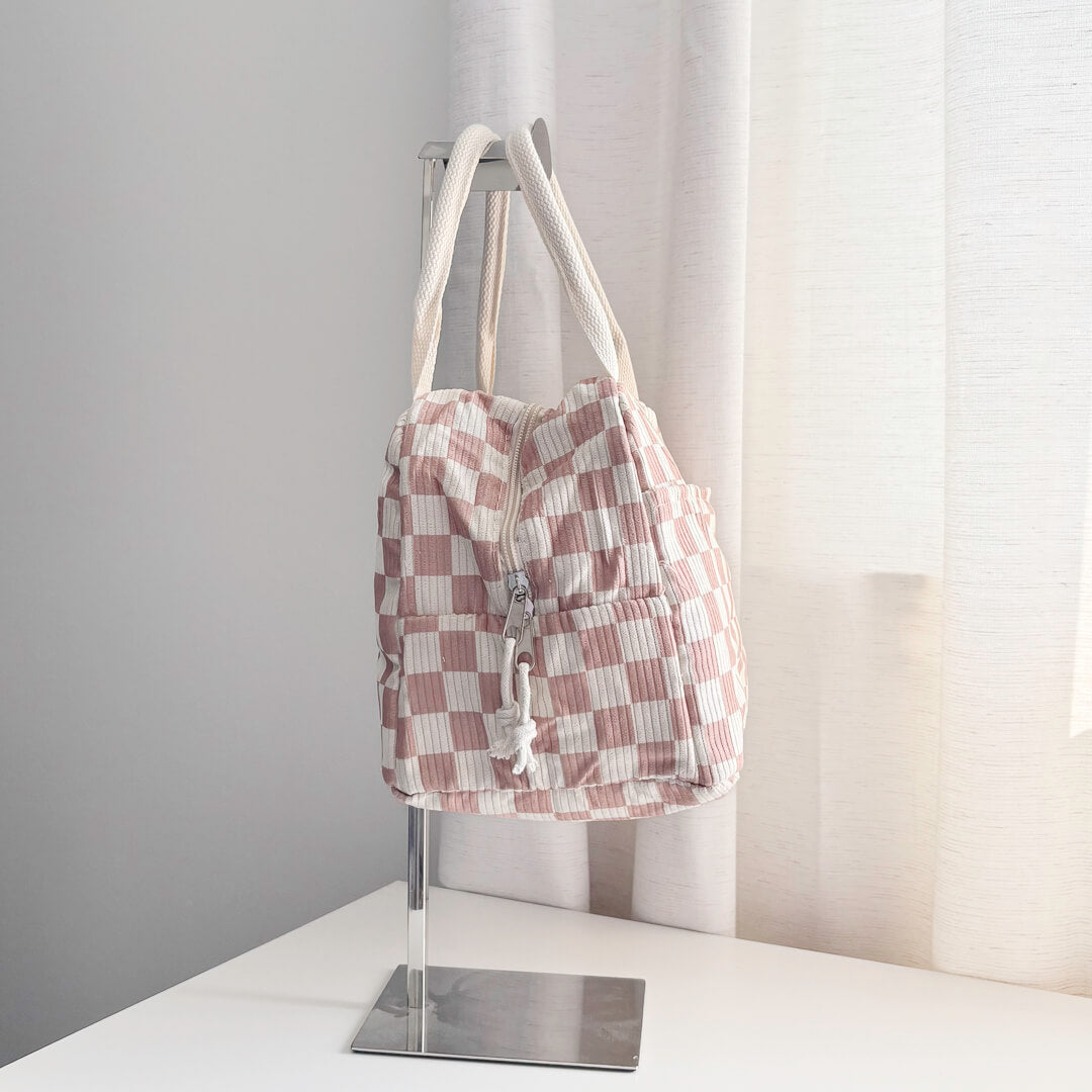 checkered insulated handbag with zipper