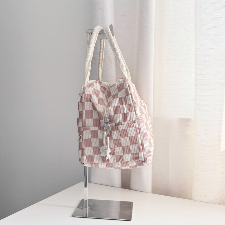 checkered insulated handbag with zipper
