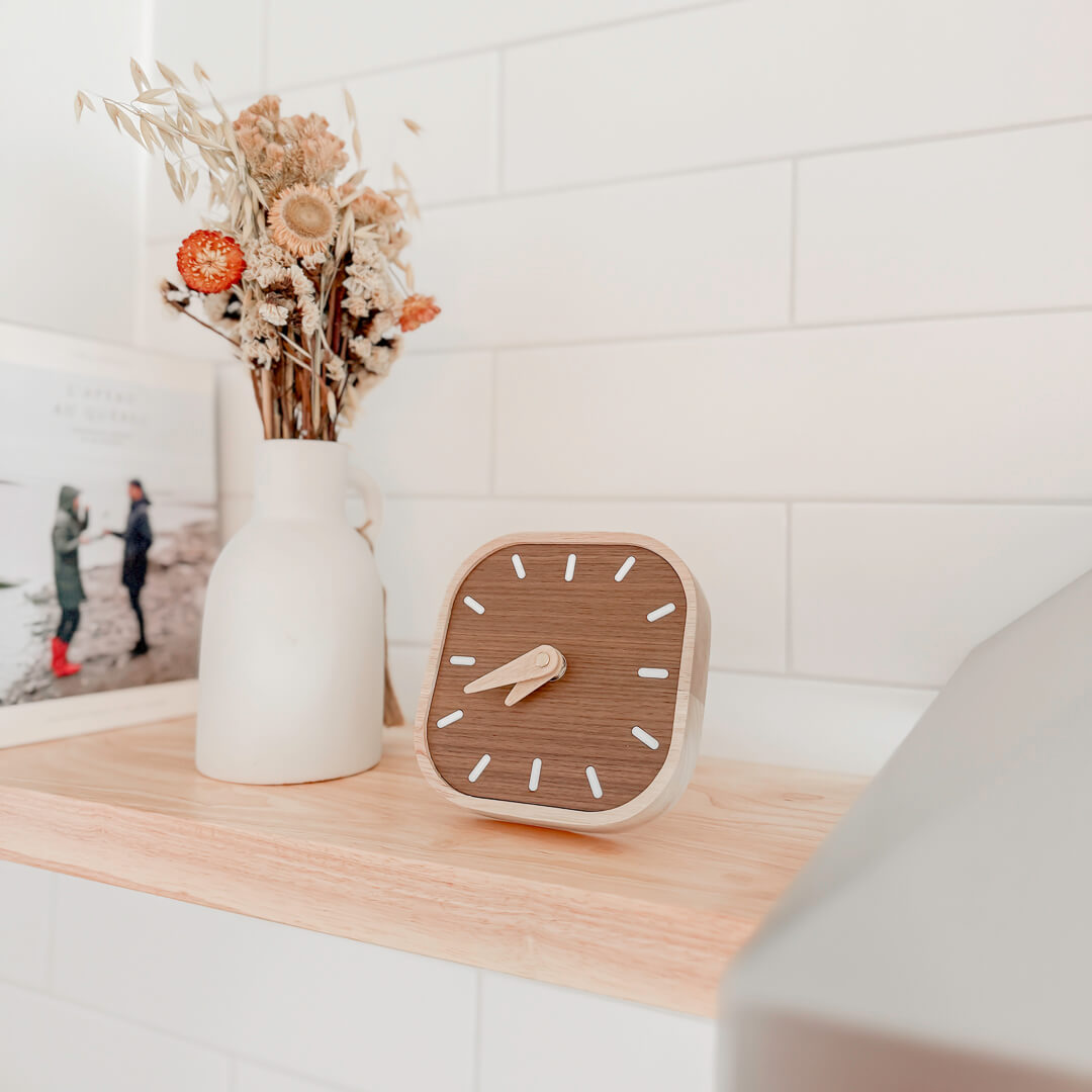 Minimalist wood alarm clock for nightstand or desk
