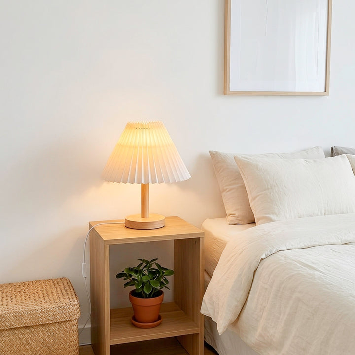 Modern farmhouse table lamp with fan-pleated cream shade