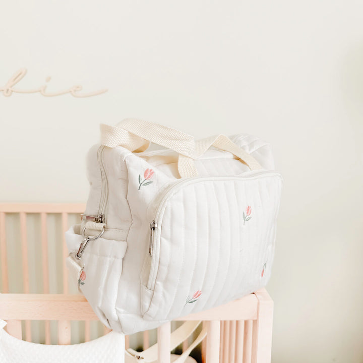 quilted diaper tote bag with tulip flower embroidery