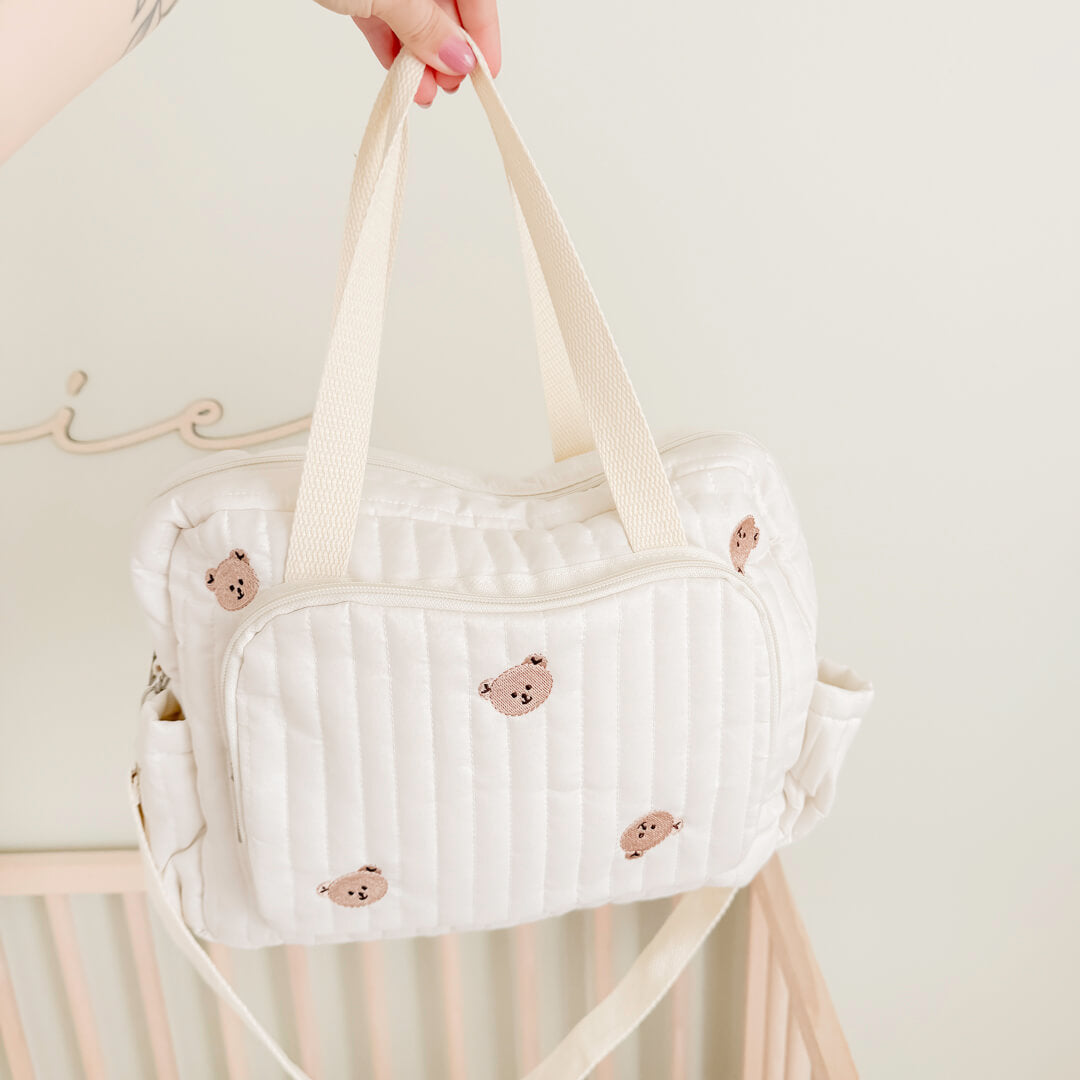 quilted diaper tote bag with teddy bear embroidery