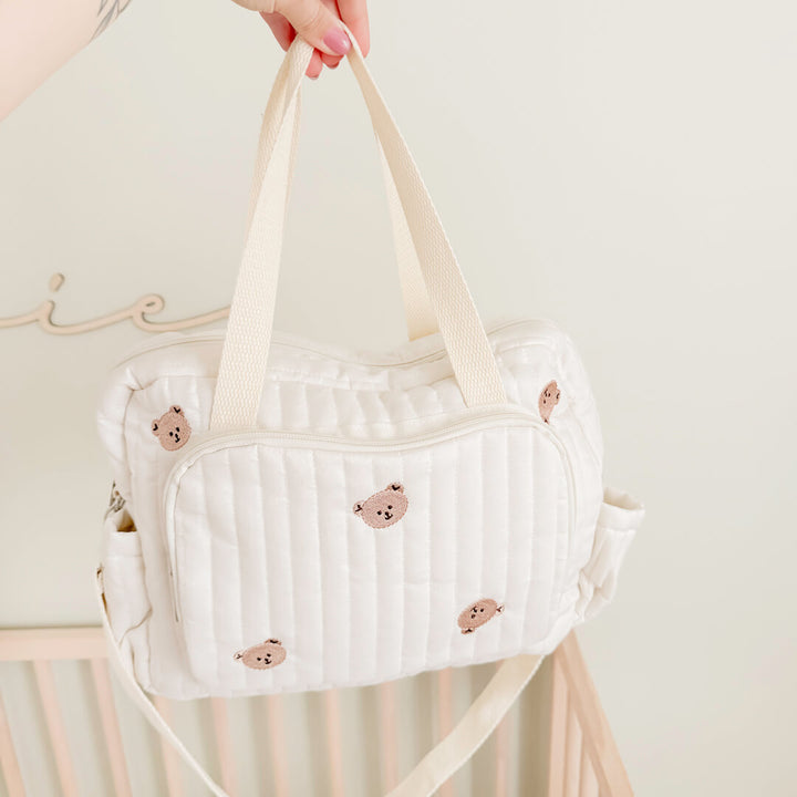 quilted diaper tote bag with teddy bear embroidery