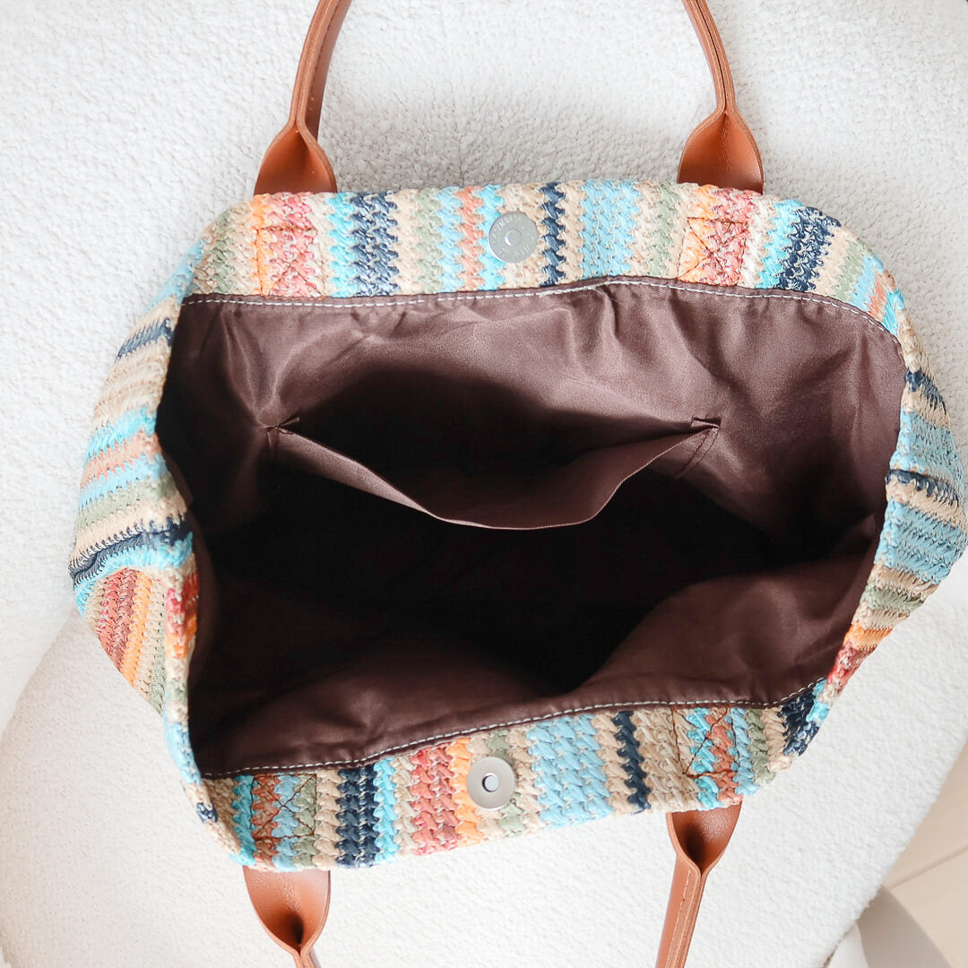woven tote bag with neutral striped pattern