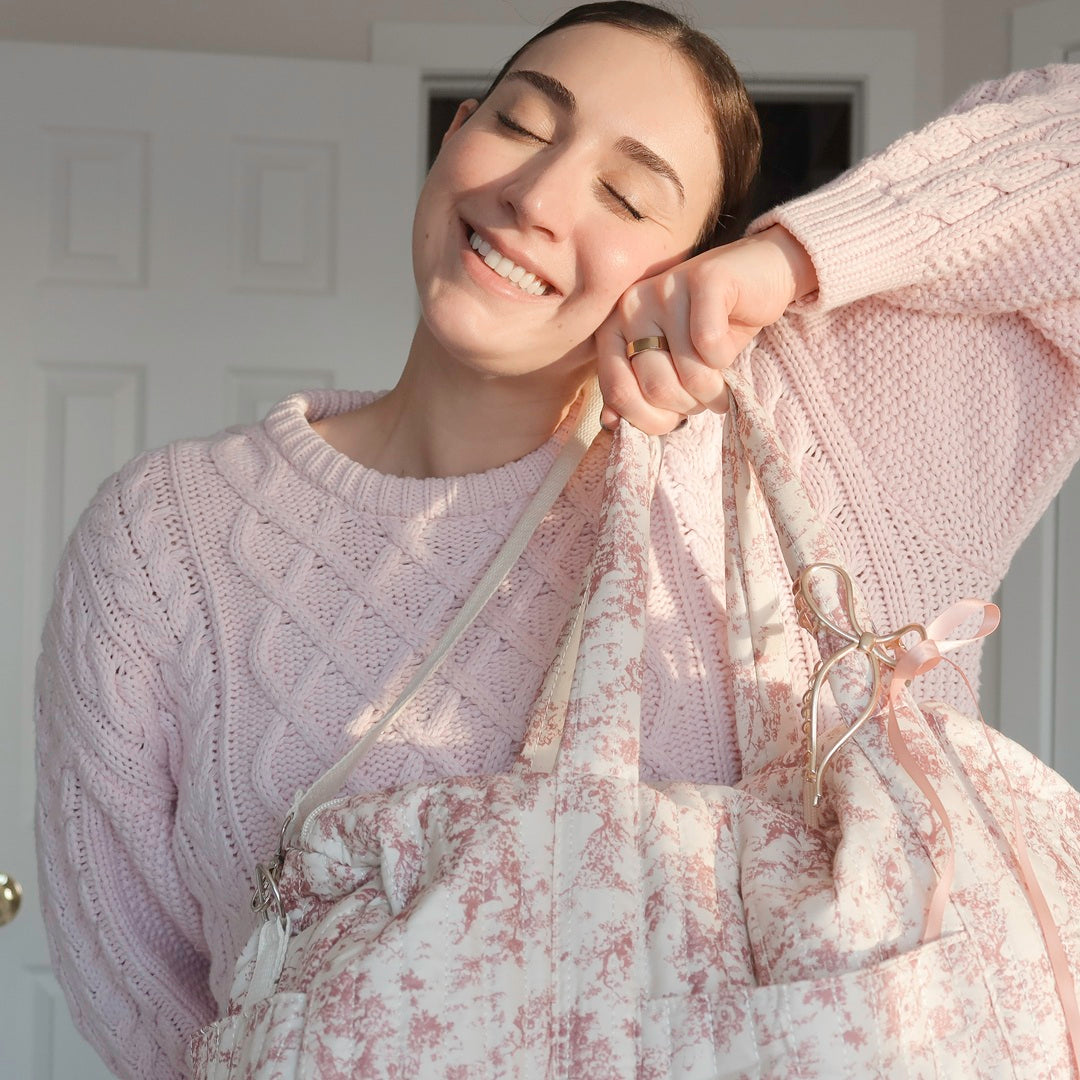 Cozy quilted carryall bag with spacious interior